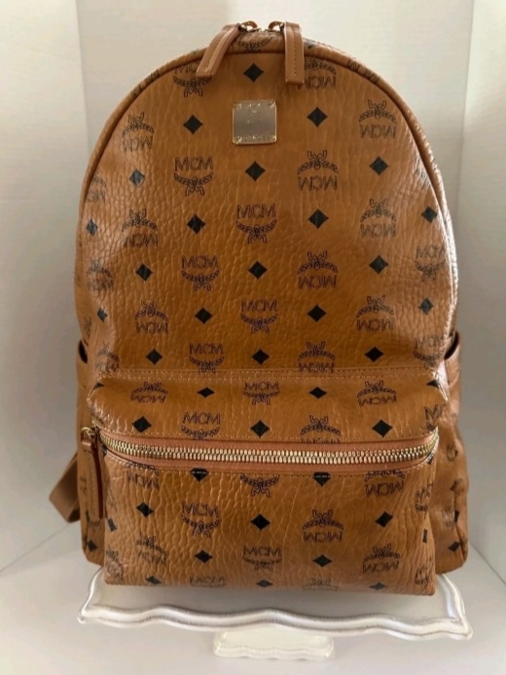 MCM Cognac Logo Print Backpack with Gold Hardware